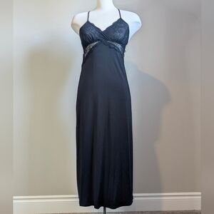 Black Lace Detail Dress Midi Maxi Low  Swing Slinky Formal Sleep Small Medium